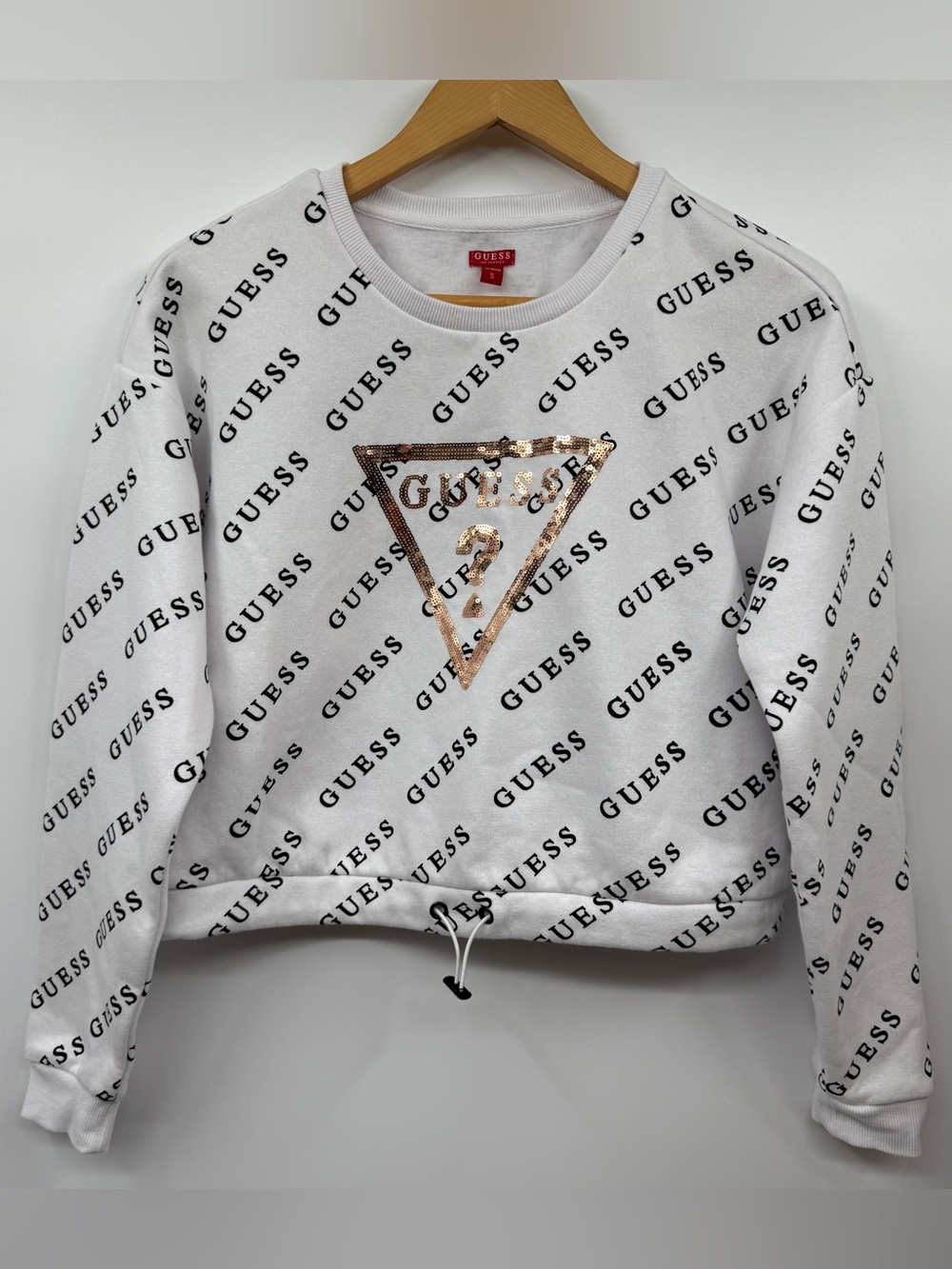 Guess White & Black Guess Logo Sequins Cropped Lightweight Sweatshirt SZ SM